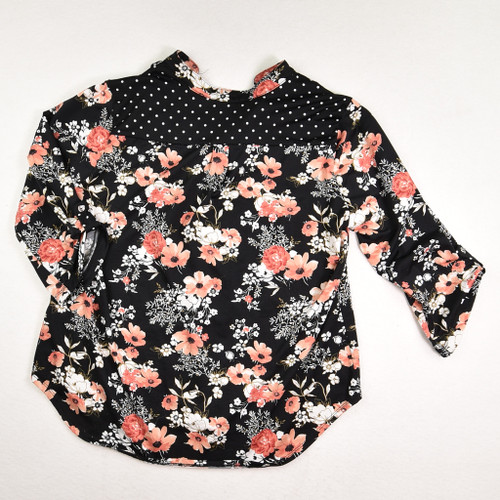 Women's Black Floral 3/4 Length Sleeve Blouse, Size PXL
