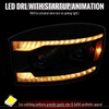 2006-2008 Dodge RAM 1500 / 2006-2009 RAM 2500 3500 Projector Headlights with Switchback Amber LED Strips, Sequential Turn Signals, DRL & Startup Animations (Black Housing / Smoked Lens)