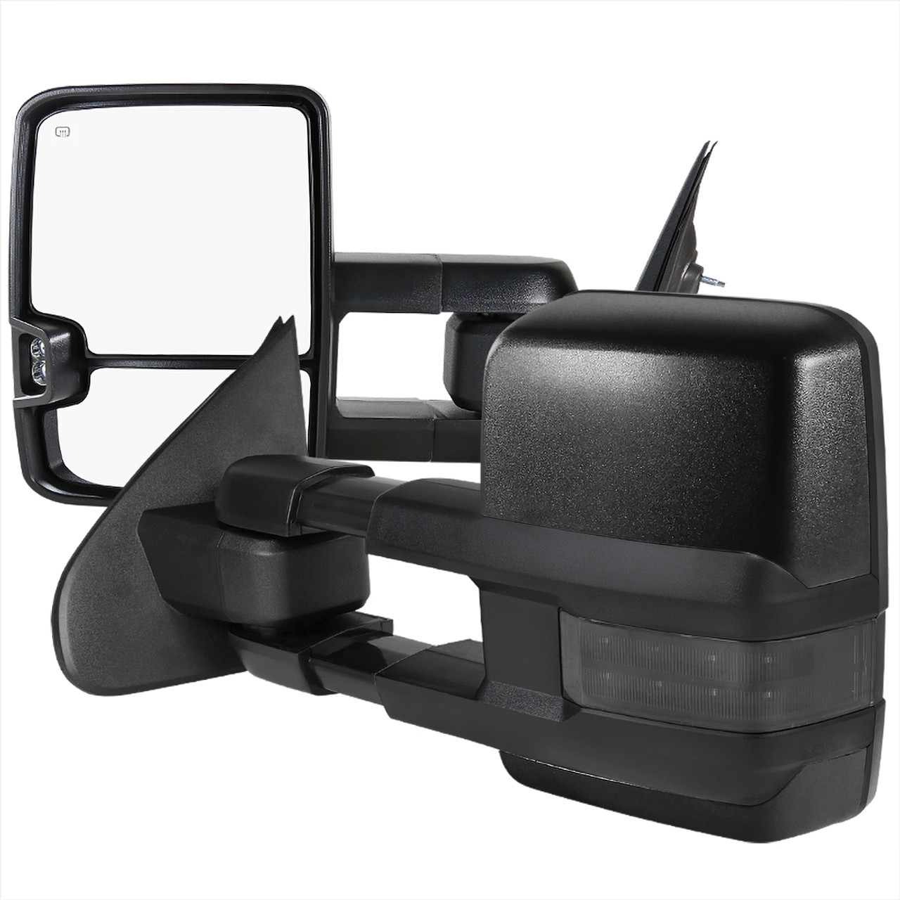 2014-2018 Chevrolet Silverado/ GMC Sierra Power Adjustable, Folding,  Heated, & Manual Extendable Black Towing Mirrors w/ Smoke Lens LED Turn  Signal &