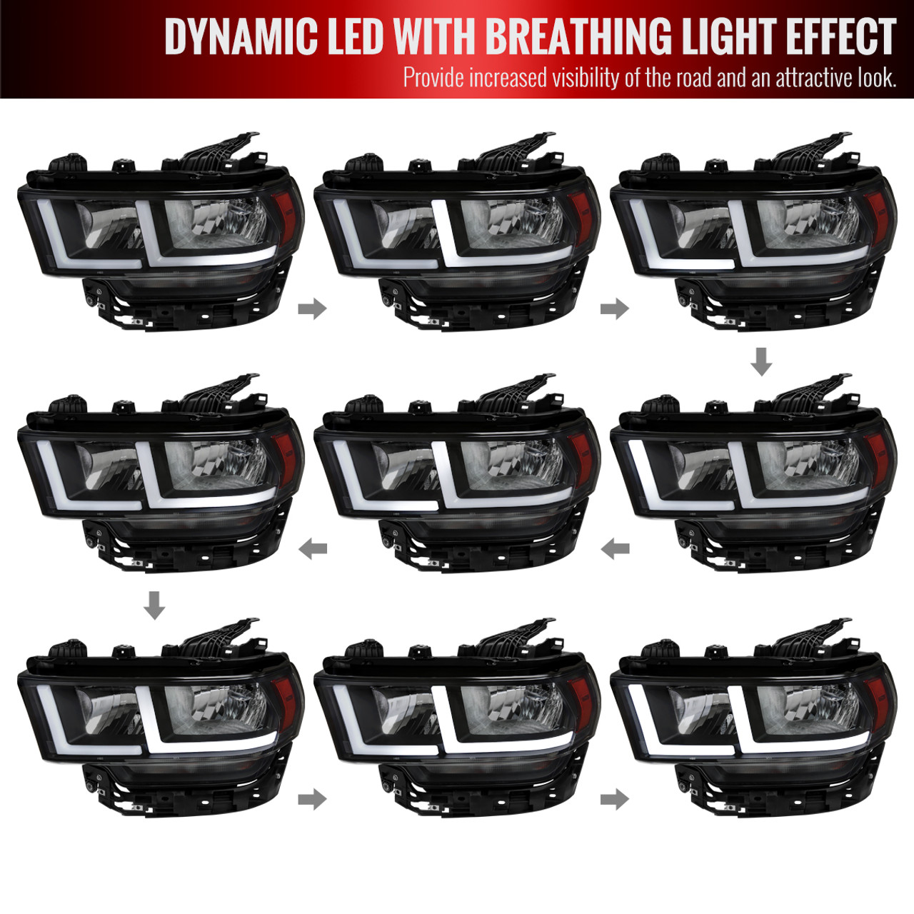 2019-2022 Dodge RAM 2500/3500/4500/5500 LED Bar Factory Style Headlights  (Matte Black Housing/Clear Lens)