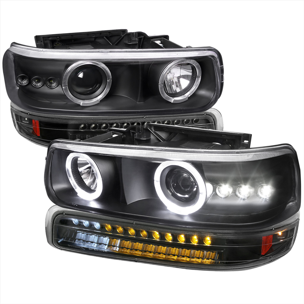 1999-2002 Chevrolet Silverado/ 2000-2006 Chevrolet Tahoe/Suburban Dual Halo  Projector Headlights with LED Sequential Turn Signal Bumper Lights (Matte 