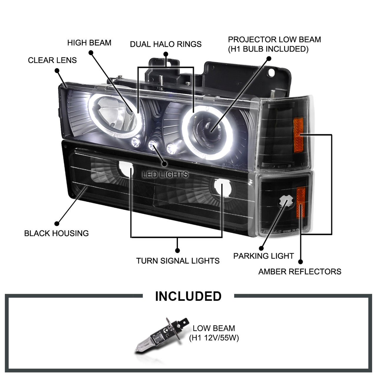 1994-1999 GMC C/K C10 Sierra Dual Halo Projector Headlights With