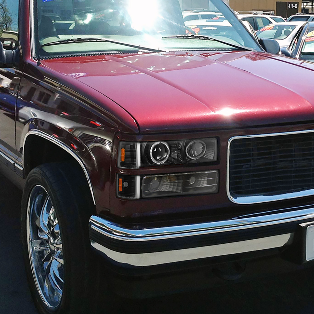 1994-1999 GMC C/K C10 Sierra Dual Halo Projector Headlights With Bumper and  Corner Signal Lights (Matte Black Housing/Clear Lens)