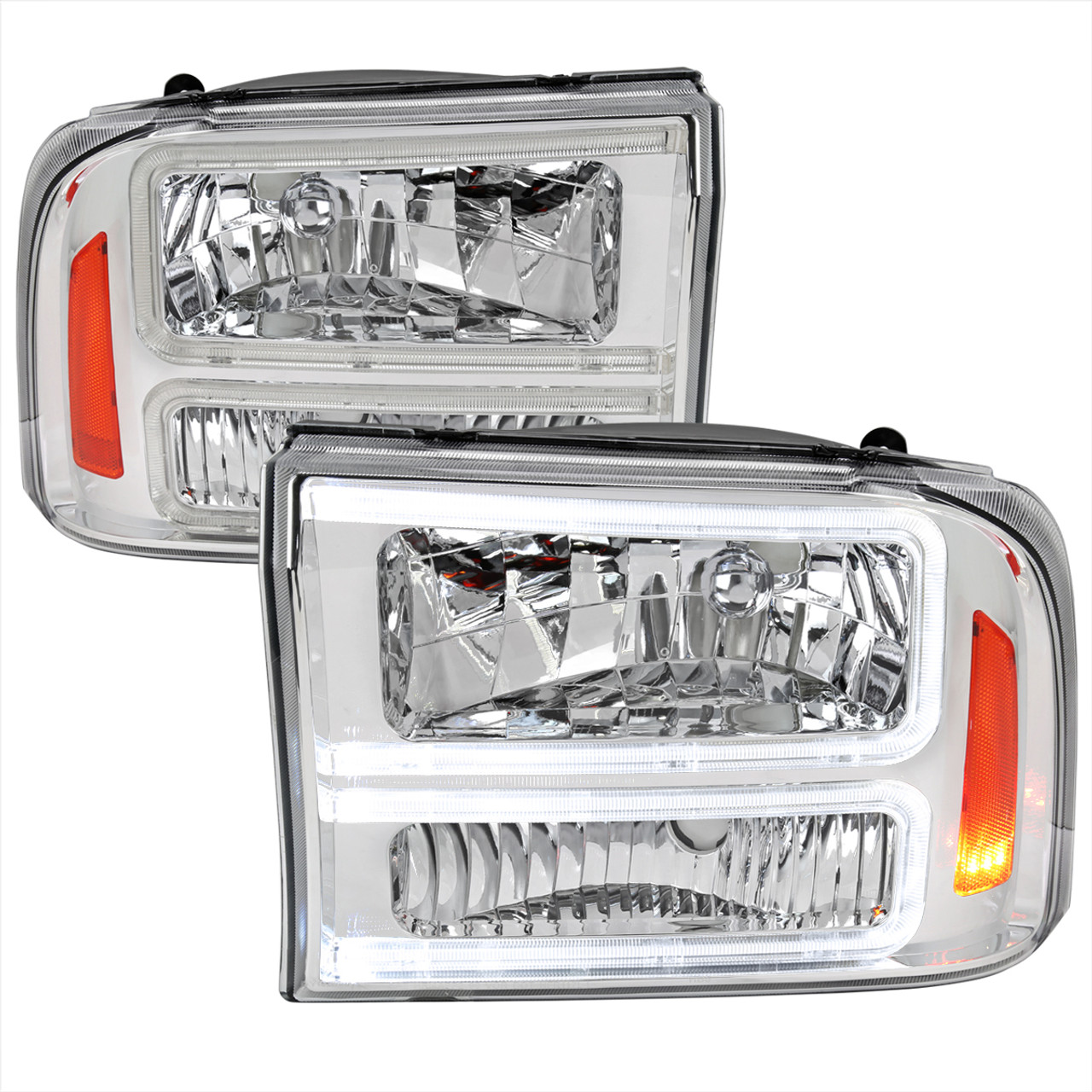 1999-2004 Ford F-250/F-350/F-450/F-550/2000-2004 Excursion Euro Factory  Style Headlights with Dual LED C-Bar (Chrome Housing/Clear Lens)