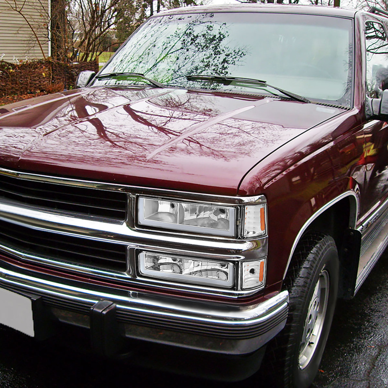 1994-1998 Chevrolet Silverado/Tahoe/Suburban/C10 Factory Style Headlights  w/LED Strip and Bumper & Corner Lights (Chrome Housing/Clear Lens)