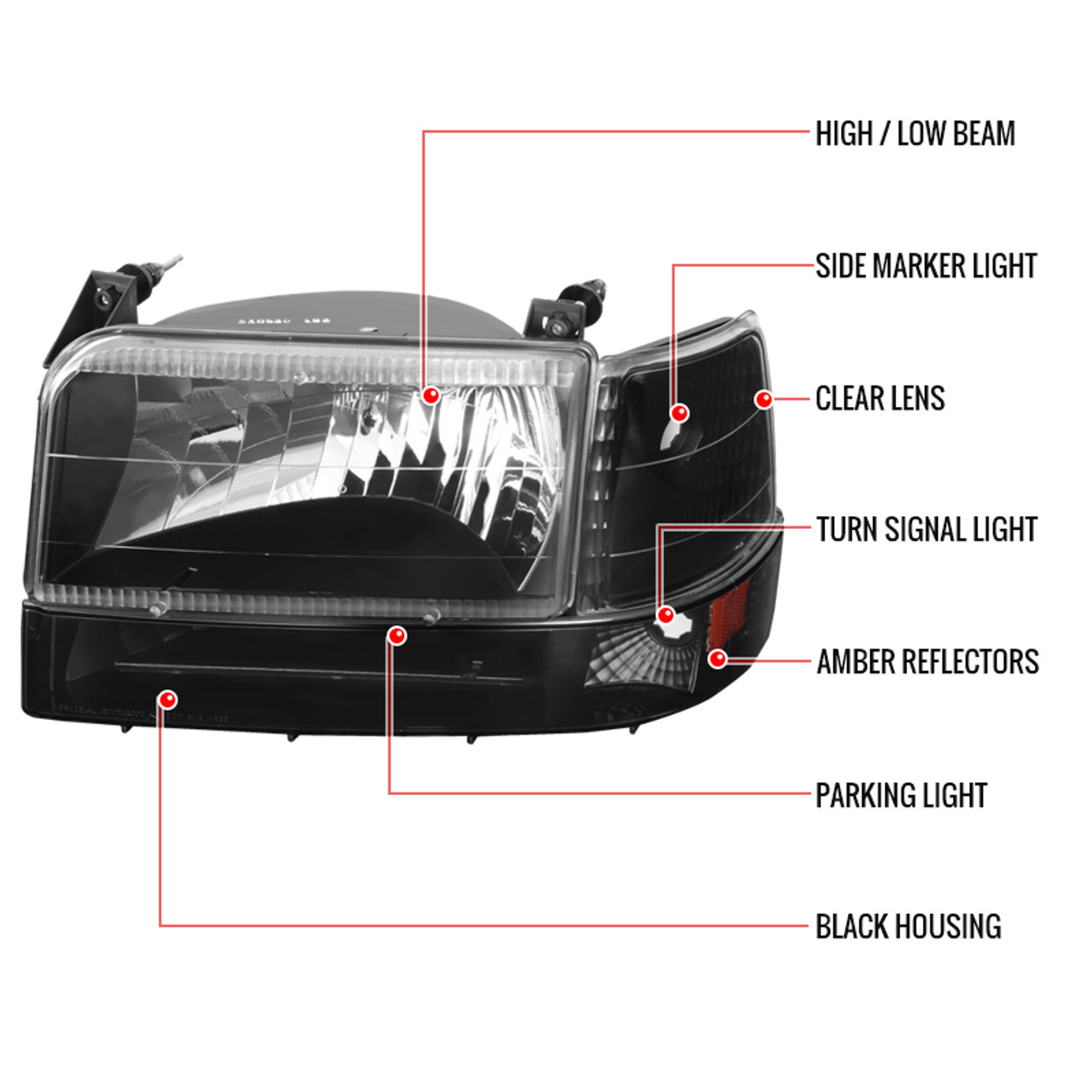 1992-1996 Ford F-150/F-250/F-350/Bronco Factory Style Headlights w/ Bumper  & Corner Lights (Matte Black Housing/Clear Lens)