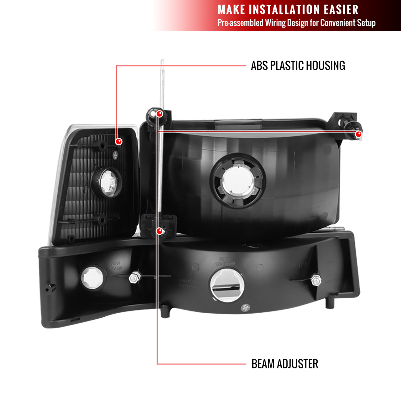 1992-1996 Ford F-150/F-250/F-350/Bronco Factory Style Headlights w/ Bumper  & Corner Lights (Matte Black Housing/Clear Lens)