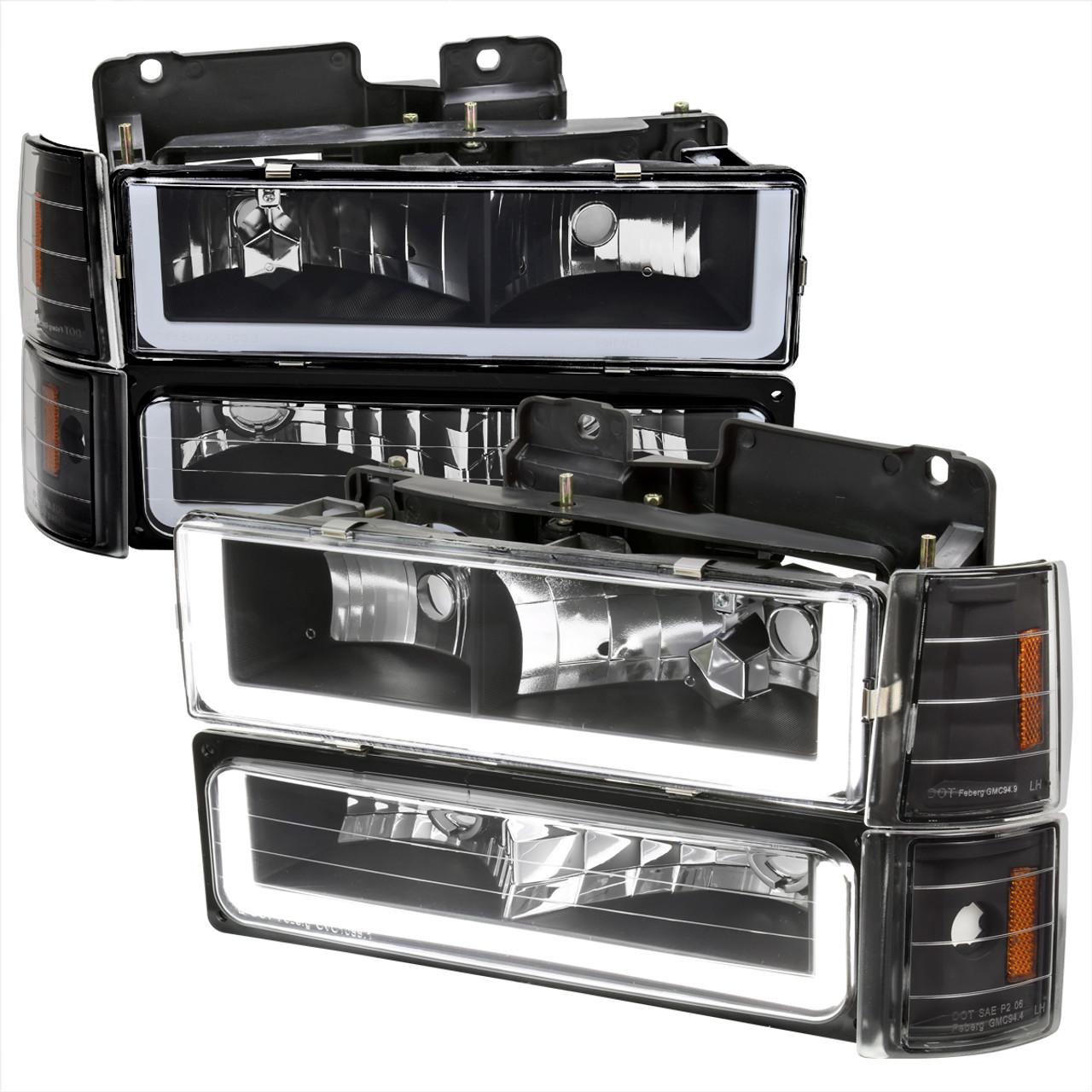 1994-1998 GMC C10/Sierra/Suburban/Yukon Factory Style Headlights w/LED  Strip and Bumper & Corner Lights (Matte Black Housing/Clear Lens)