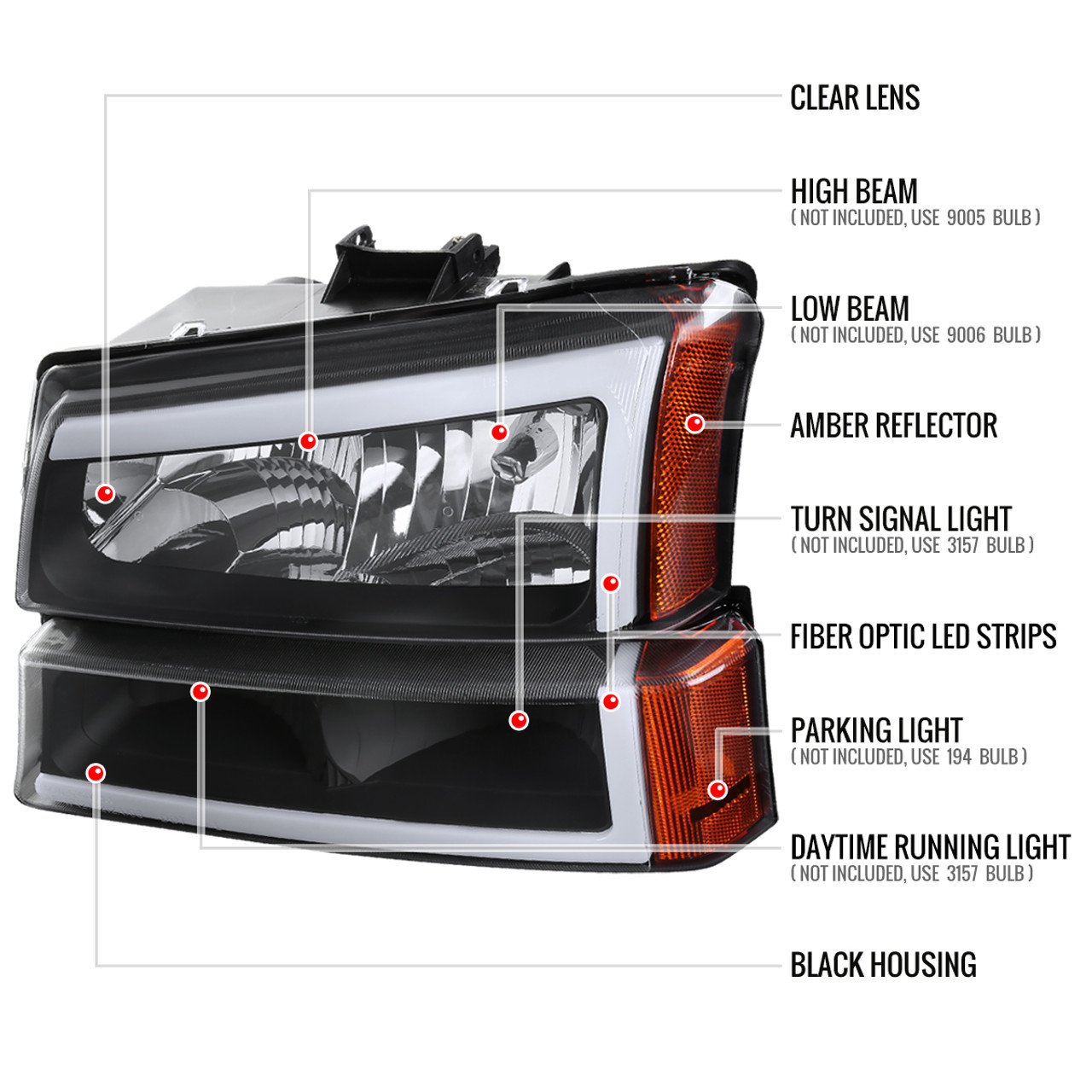 2002-2006 Chevrolet Avalanche/ 2003-2007 Silverado LED Bar Factory Style  Headlights & Bumper Lights (Matte Black Housing/Clear Lens)