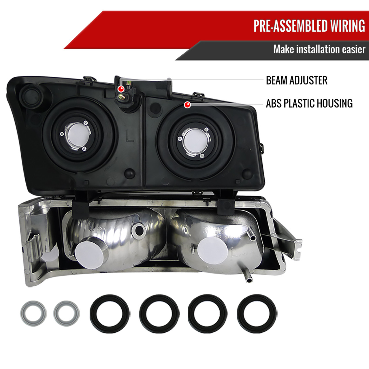 2002-2006 Chevrolet Avalanche/ 2003-2007 Silverado Factory Style Headlights  w/ Bumper Lights (Chrome Housing/Smoke Lens)