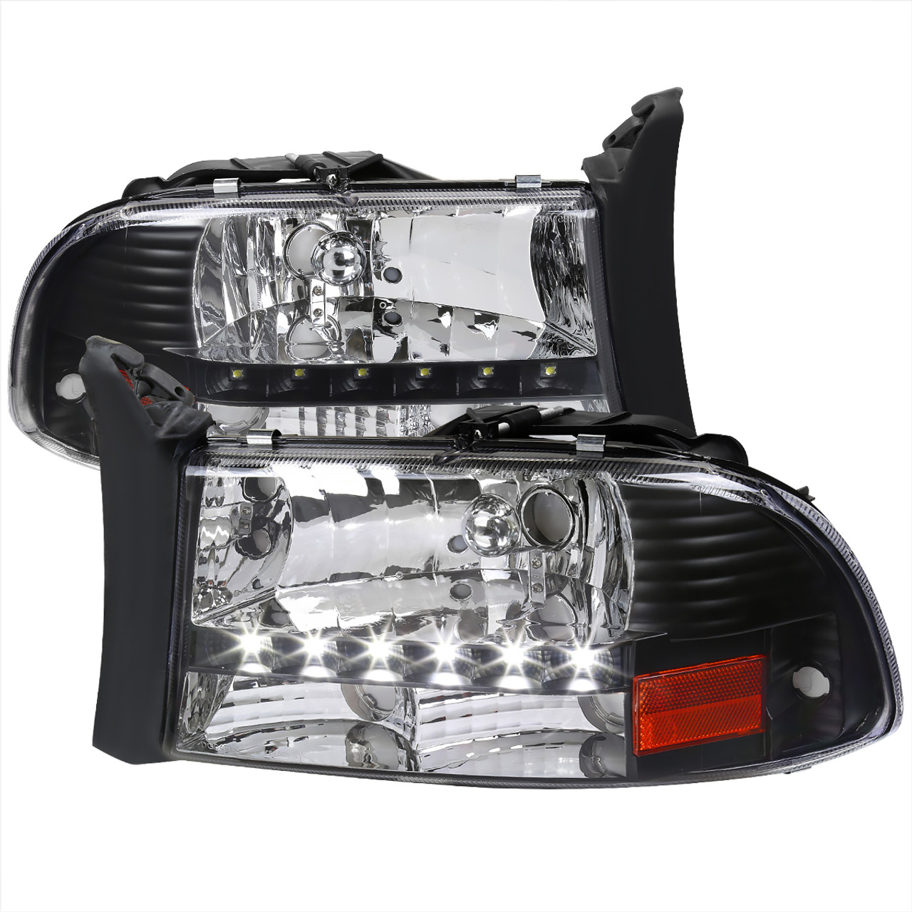 1997-2004 Dodge Dakota/ 1998-2003 Durango SMD LED Light Strip Factory Style  Crystal Headlights (Matte Black Housing/Clear Lens)