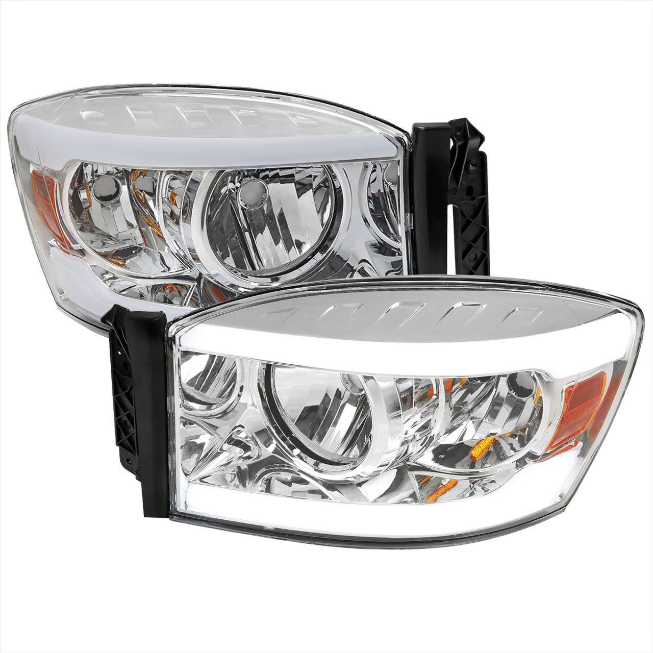 2006-2008 Dodge Ram 1500/ 2006-2009 Ram 2500 3500 LED Tube Factory Style  Headlights with Amber Reflector (Chrome Housing/Clear Lens)