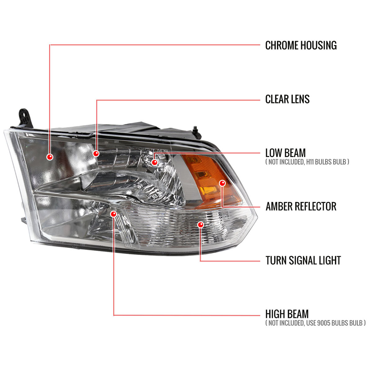 2009-2018 Dodge RAM 1500/ 2019-2021 RAM Classic/ 2010-2018 RAM 2500 3500  Factory Quad Style Headlights (Chrome Housing/Clear Lens)