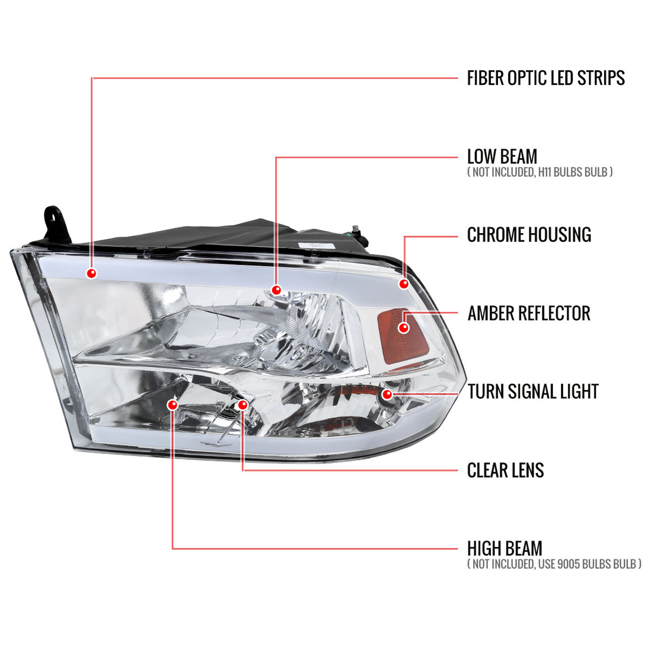 2009-2018 Dodge RAM 1500/ 2019 RAM 1500 Classic / 2010-2018 Dodge RAM  2500/3500 LED Bar Factory Quad Style Headlights (Chrome Housing/Clear Lens)