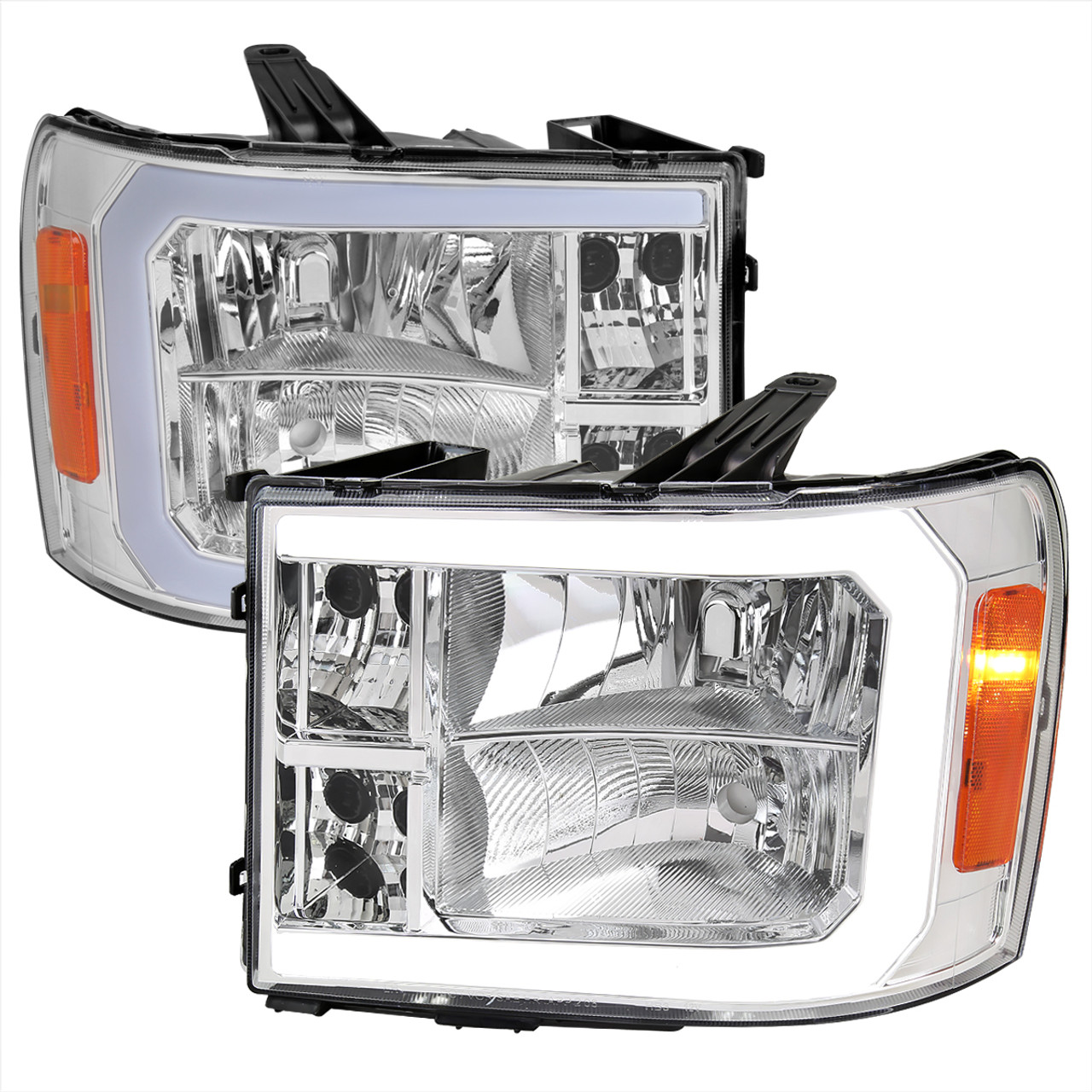 2007-2013 GMC Sierra 1500/ 2007-2014 1500HD 2500HD 3500HD LED Bar Factory  Style Headlights (Chrome Housing/Clear Lens)