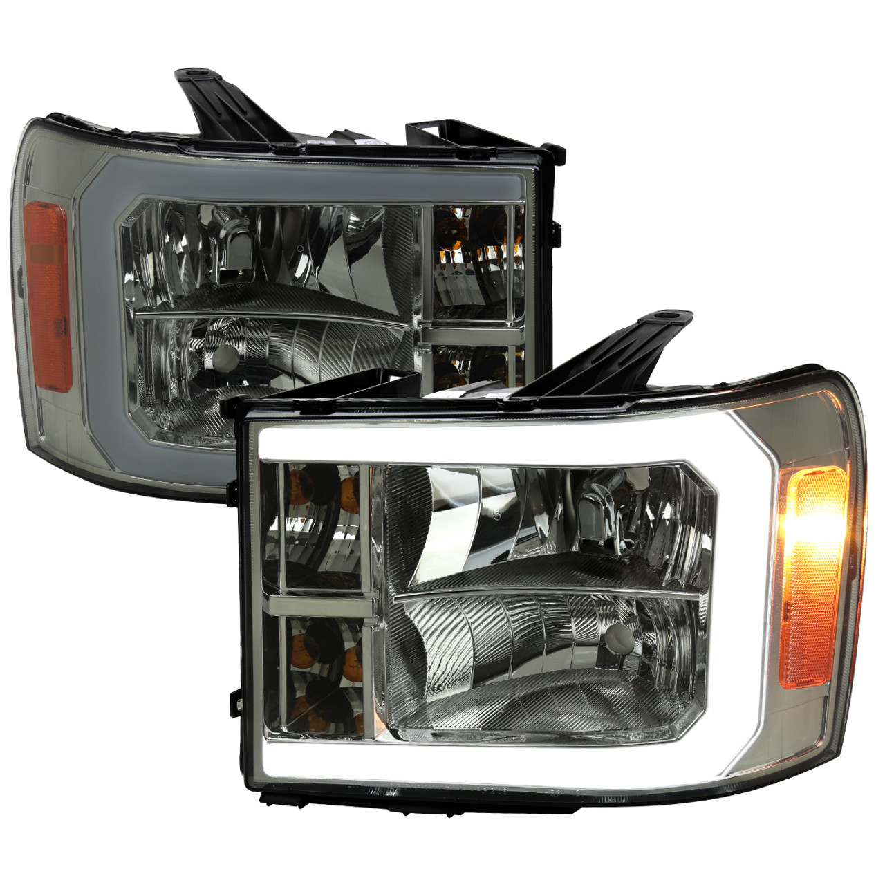 2007-2013 GMC Sierra 1500/ 2007-2014 1500HD 2500HD 3500HD LED Bar Factory  Style Headlights (Chrome Housing/Smoke Lens)