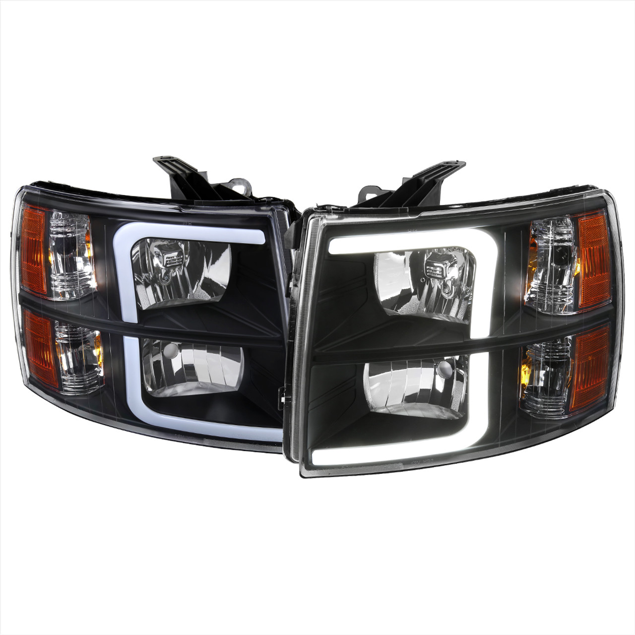 2007-2013 Chevrolet Silverado 1500/ 2007-2014 Silverado 2500HD 3500HD LED  Bar Factory Style Headlights w/ Amber Reflector (Matte Black Housing/Clear 