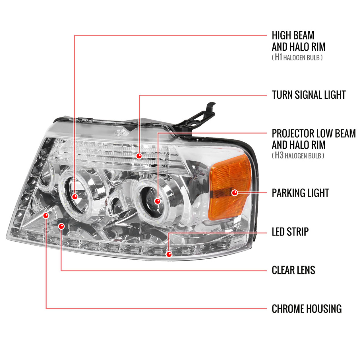 2004-2008 Ford F-150/ 2006-2008 Lincoln Mark LT Dual Halo Projector  Headlights w/ LED Light Strip (Chrome Housing/Clear Lens)