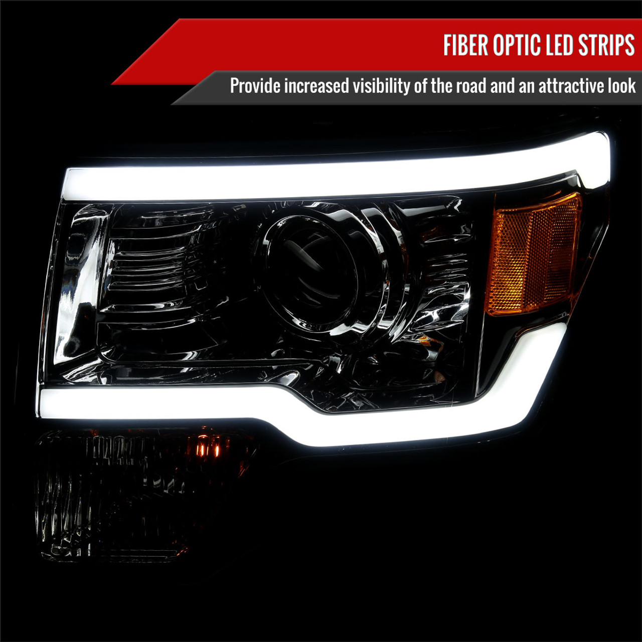 2009-2014 Ford F-150 LED Strip Projector Headlights (Chrome Housing/Smoke  Lens)