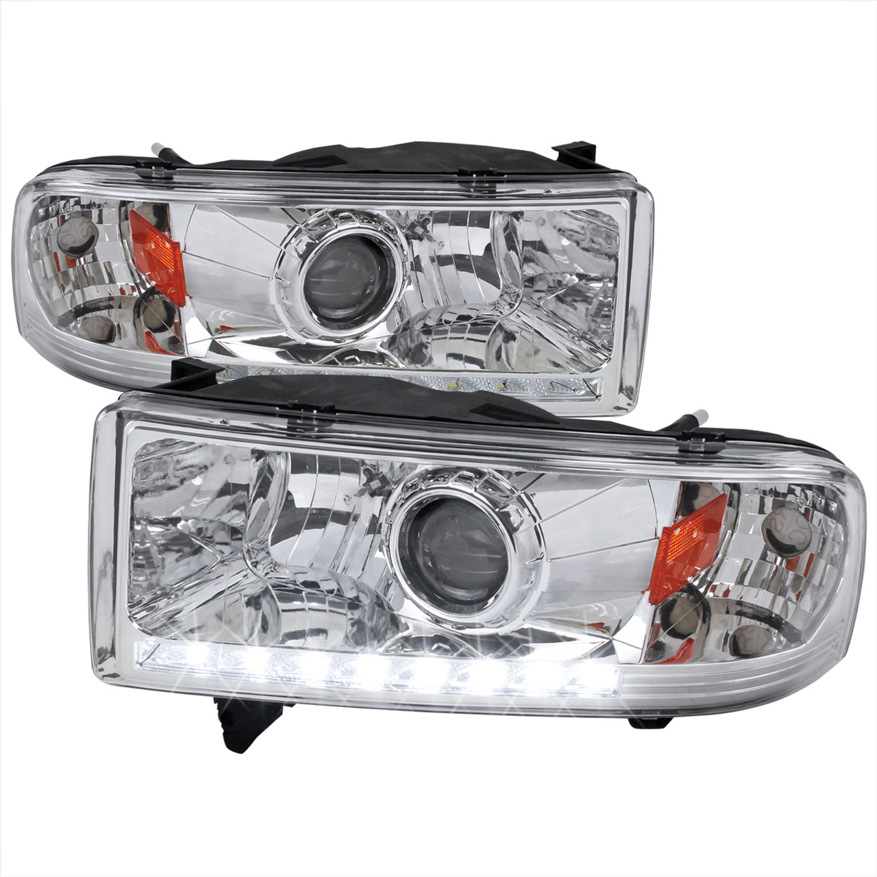 1994-2001 Dodge RAM 1500/ 1994-2002 RAM 2500 3500 Projector Headlights w/  SMD LED Light Strip (Chrome Housing/Clear Lens)