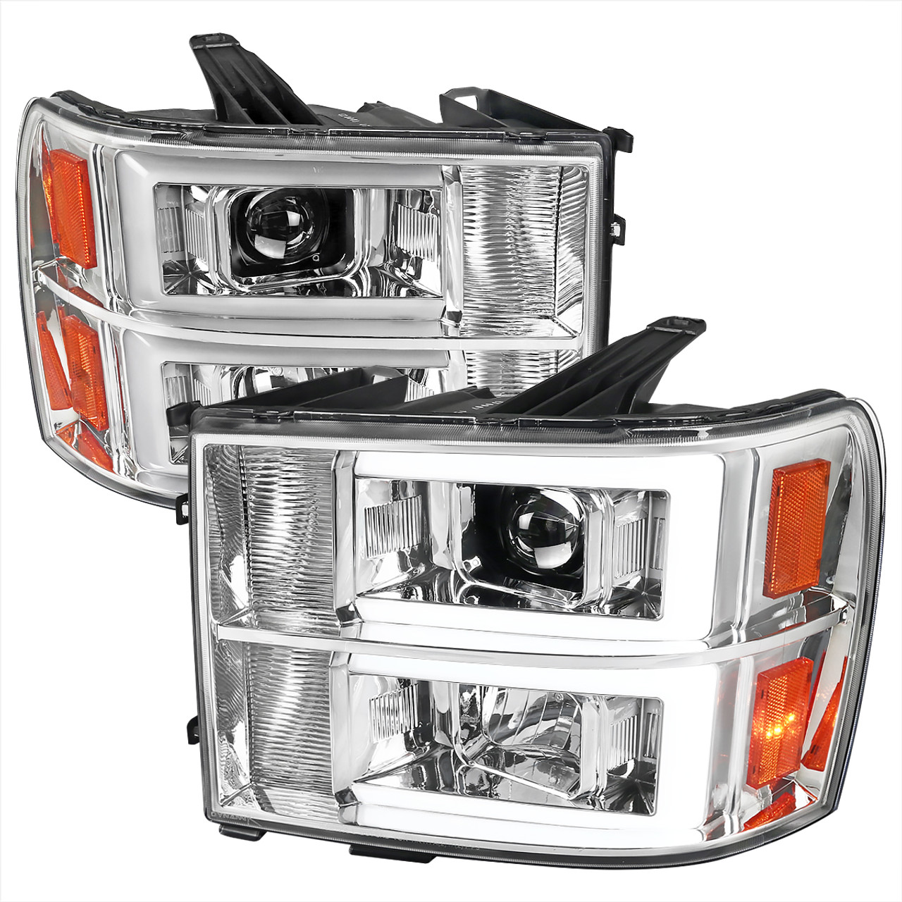 2007-2013 GMC Sierra / 2007-2014 Sierra 1500HD 2500HD 3500HD / 2009-2013  Sierra 1500 Hybrid Dual LED C-Bar Projector Headlights (Chrome  Housing/Clear