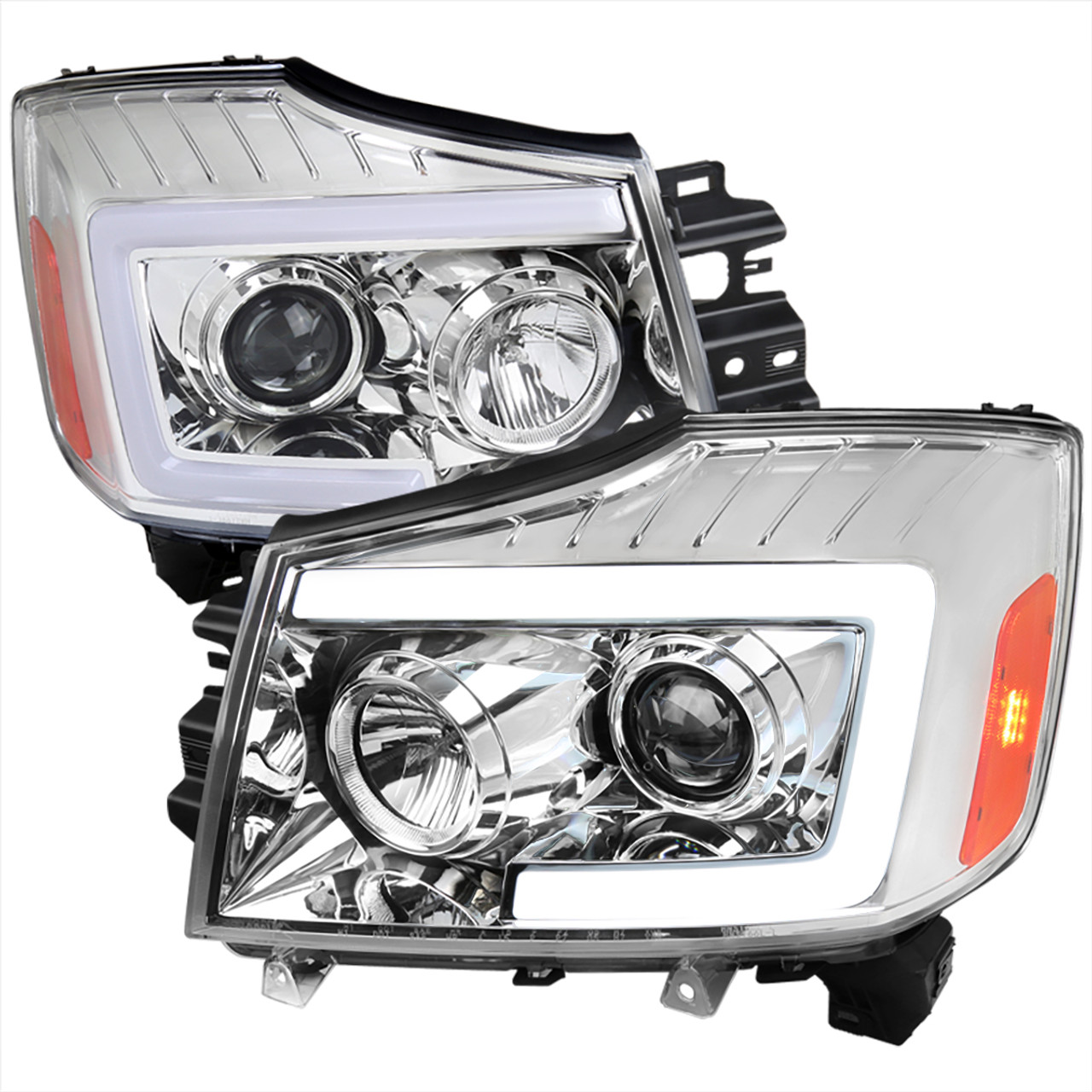 2004-2015 Nissan Titan / 2004-2007 Armada LED C-Bar Projector Headlights w/  Switchback Sequential Turn Signals (Chrome Housing/Clear Lens)