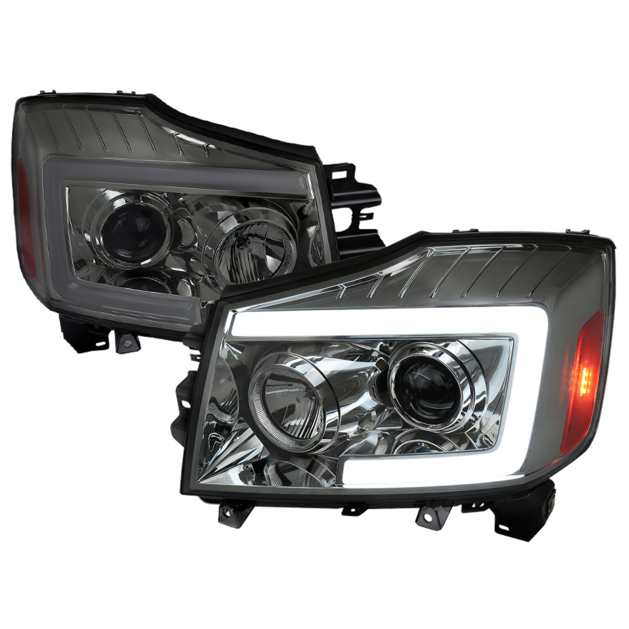 2004-2015 Nissan Titan / 2004-2007 Armada LED C-Bar Projector Headlights w/  Switchback Sequential Turn Signals (Chrome Housing/Smoke Lens)