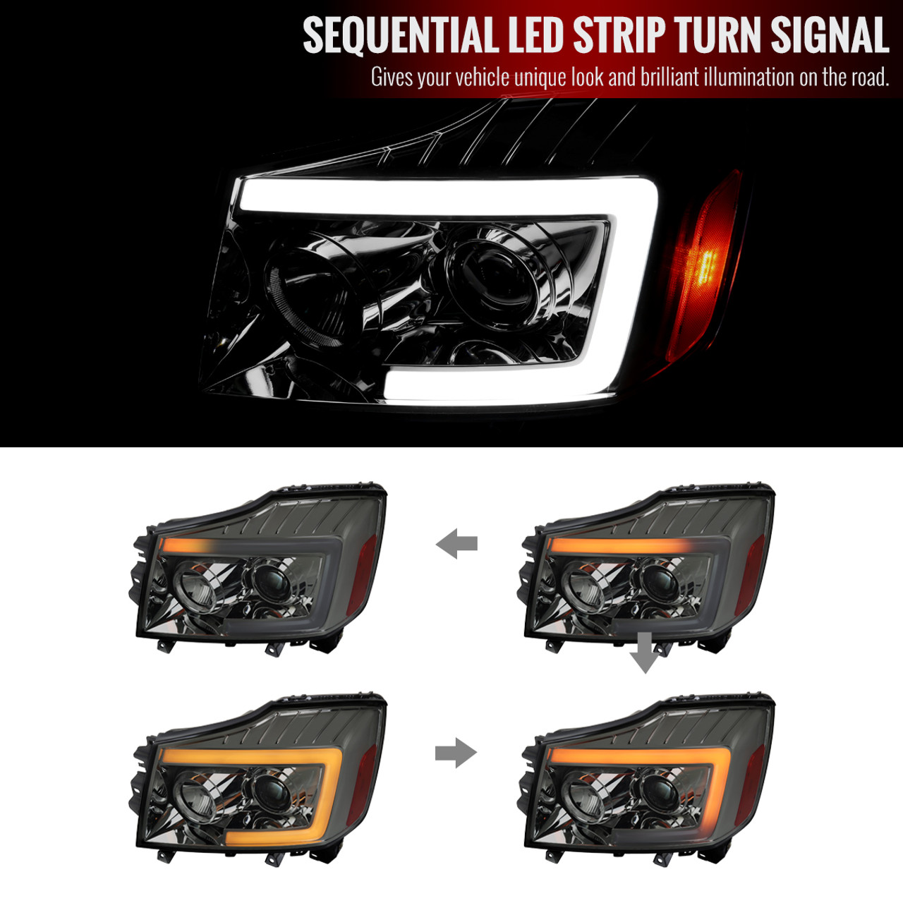 2004-2015 Nissan Titan / 2004-2007 Armada LED C-Bar Projector Headlights w/  Switchback Sequential Turn Signals (Chrome Housing/Smoke Lens)