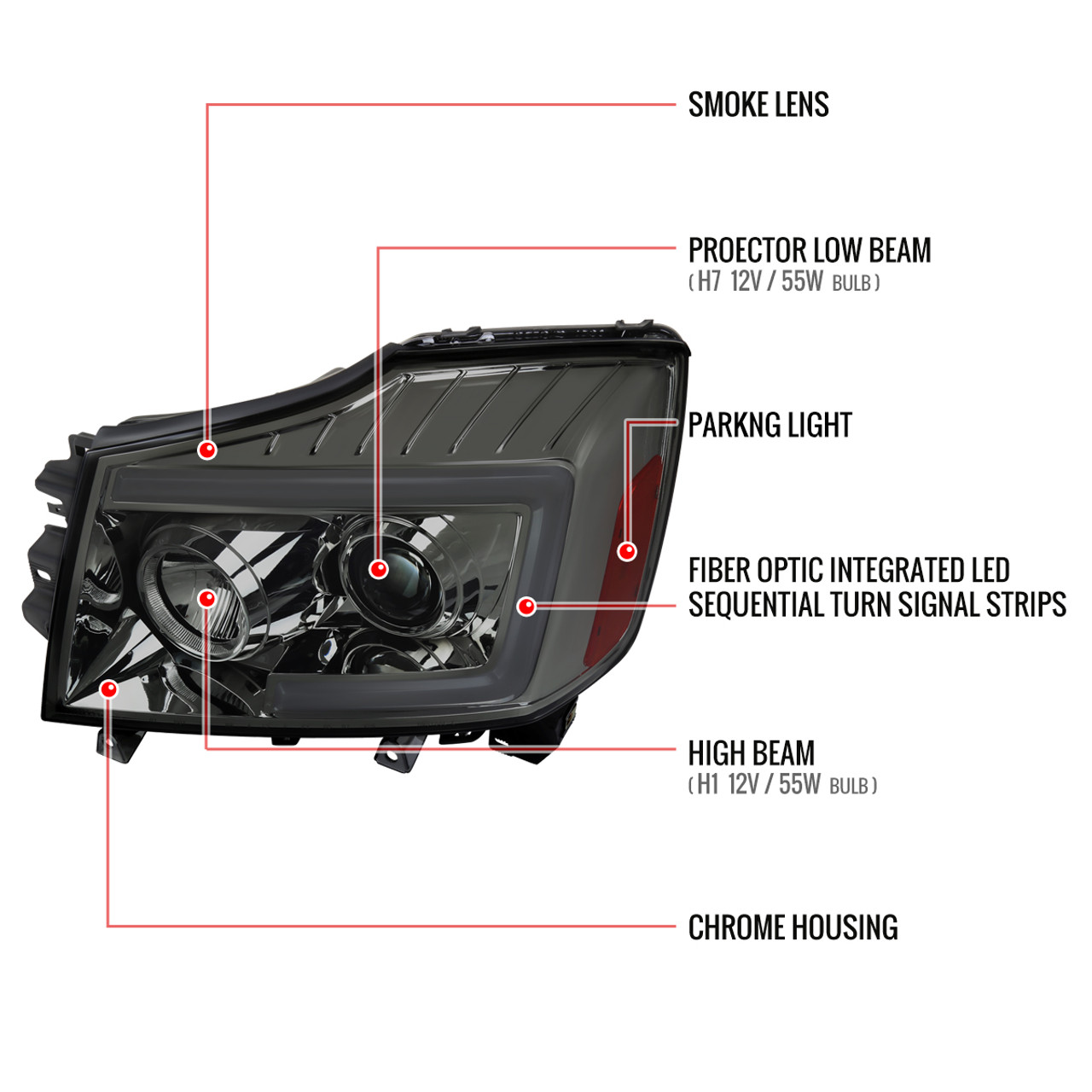 2004-2015 Nissan Titan / 2004-2007 Armada LED C-Bar Projector Headlights w/  Switchback Sequential Turn Signals (Chrome Housing/Smoke Lens)