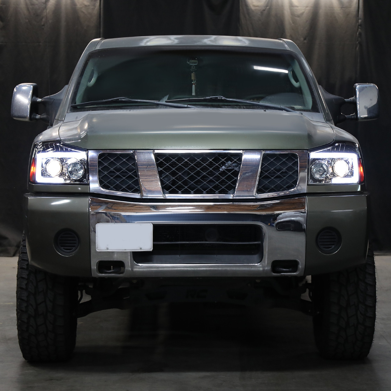 2004-2015 Nissan Titan / 2004-2007 Armada LED C-Bar Projector Headlights w/  Switchback Sequential Turn Signals (Chrome Housing/Smoke Lens)