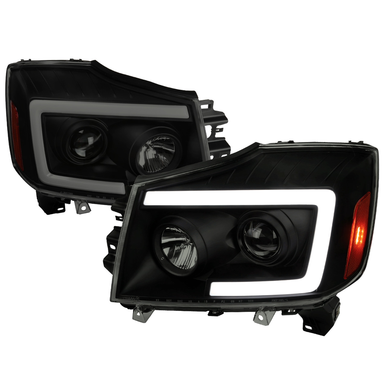 2004-2015 Nissan Titan/ 2004-2007 Armada LED C-Bar Projector Headlights w/  Switchback Sequential Turn Signals (Black Housing/Smoke Lens)