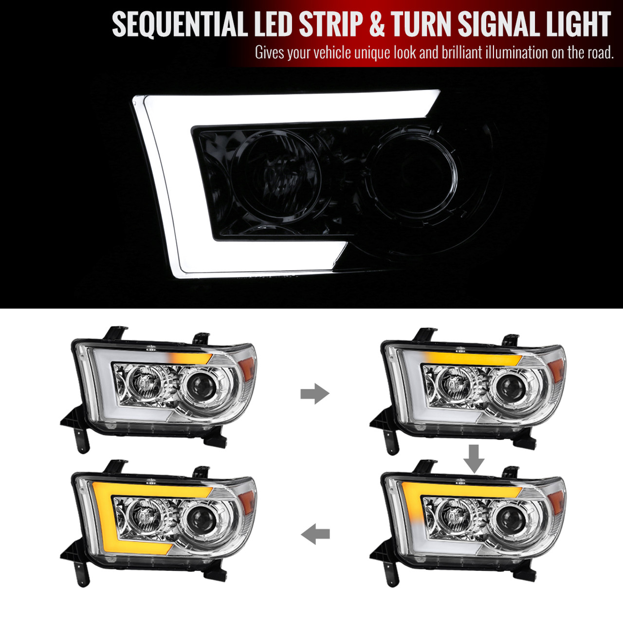 2007-2013 Toyota Tundra/ 2008-2017 Sequoia Switchback Sequential LED C-Bar  Projector Headlights (Chrome Housing/Clear Lens)