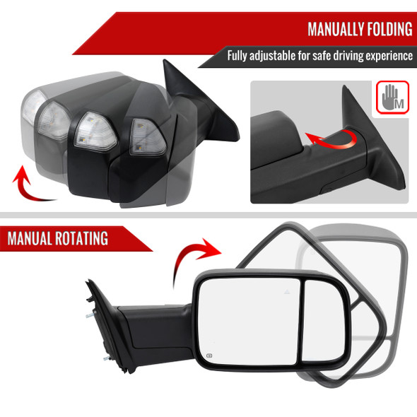 2019-2022 Dodge RAM 2500 3500 Black Power Adjustable, Manual Fold, BSD & Heated Side Mirror w/ LED Puddle Light and Turn Signal Light - Passenger Side Only