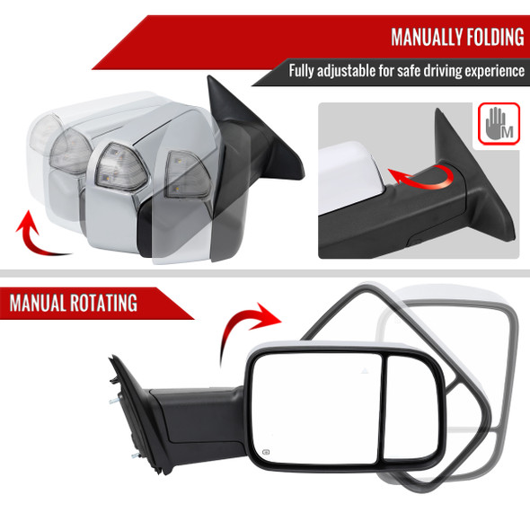 2019-2022 Dodge RAM 2500 3500 ChromePower Adjustable, Manual Fold, BSD & Heated Side Mirror w/ LED Puddle Light and Turn Signal Light - Passenger Side Only