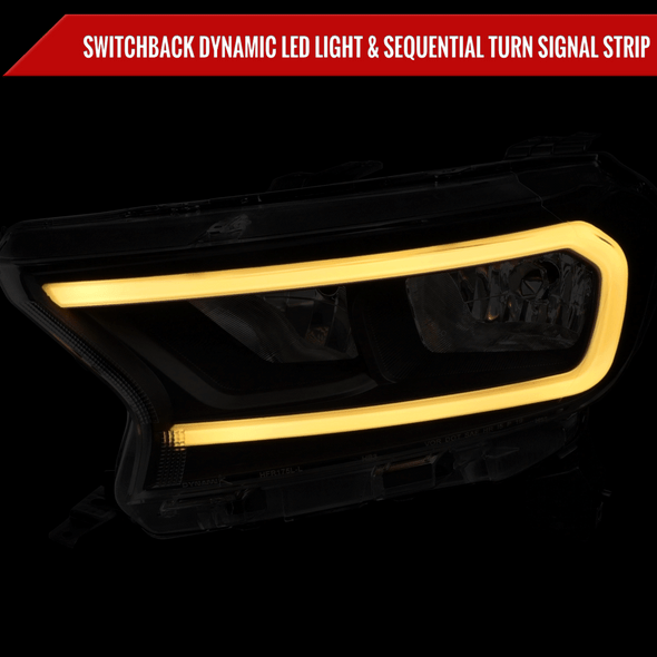 2019-2023 Ford Ranger XL XLT Factory Style Replacement Headlights with LED Bar Turn Signal (Glossy Black Housing / Smoked Lens)