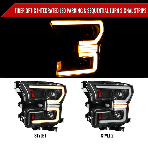 2015-2017 Ford F-150 LED Bar Projector Headlights w/ Switchback Sequential Turn Signals, Amber LED & Pulsing Glow (Black Housing / Clear Lens)