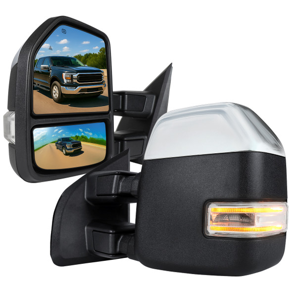 2021-2025 Ford F-150 F-250 Power Adjustable, Heated, & Manual Extendable Towing Mirrors w/ Clear Lens LED Turn Signal, Clearance, Puddle, & Auxiliary Lights