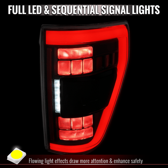 2021-2023 Ford F-150 Full LED Tail Lights with Red Light Bar, Sequential Turn Signals, Startup Animation & Factory BSM Compatibility (Black Housing / Smoked Lens)