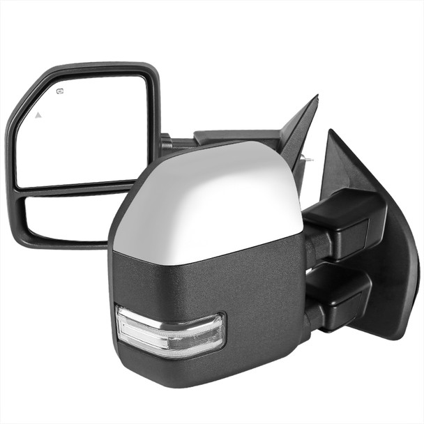 2017-2019 Ford F-250/F-350/F-450/F-550 Power Adjustable, Heated, BSM, ATS Chrome Towing Mirrors w/ Clear Lens Sequential LED Turn Signal, Clearance, & Auxiliary Lights