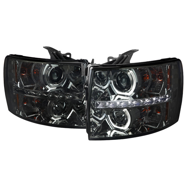 2007-2013 Chevrolet Silverado 1500/ 2007-2014 Silverado 2500HD 3500HD Dual U-Ring Halo Projector Headlights w/ LED Light Strip (Chrome Housing/Smoke Lens)