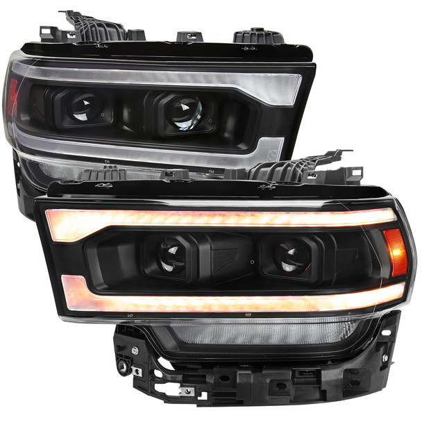 2019-2024 Dodge RAM 2500/3500/4500/5500 Switchback Sequential Amber LED Turn Signal Projector Headlights (Matte Black Housing/Clear Lens)