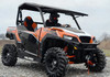 SuperATV scratch resistant flip out windshield on an orange and black Polaris General 1000, front three-quarter view