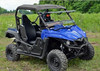 SuperATV flip out windshield tilted open on a blue Yamaha Wolverine with roof, front three-quarter view in a field