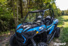 SuperATV scratch-resistant full windshield on a blue Polaris RZR XP1000 parked on a trail, front three-quarter view