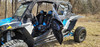Side X Side upper door swung open on the blue Polaris RZR S4 showing the door frame and seats