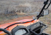 Side close-up of the SuperATV windshield rubber seal along the orange hood of the CF Moto U-Force 800 with mirror