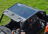 SuperATV tinted roof installed on an orange Polaris General with a driver, seen from above the cab
