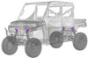 Diagram of the Dirty Teeth Racing lift blocks in purple on a translucent Polaris Ranger XP frame