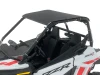 Spike roof and windshield combo for Polaris RZR 200 youth: roof and windshield on a white youth Polaris RZR, high side view
