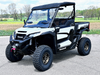 Spike windshield for Kawasaki Ridge: vented windshield on a white Kawasaki UTV, front three-quarter view